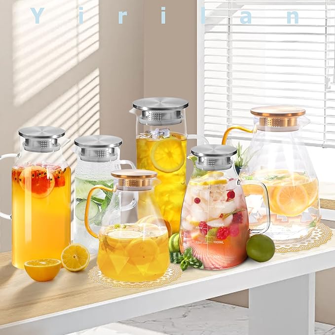Yirilan Glass Pitcher, 2.3 Liter Water Pitcher with Lid, Beverage Pitchers for Hot, Cold Water, Iced Tea and Juice Drink with Cup Brush