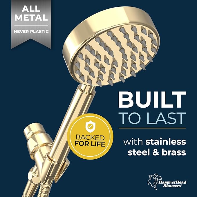 HammerHead Showers® Solid Metal Handheld Shower Head with Hose and Brass Holder - POLISHED BRASS - 2.5 GPM High Pressure Shower Heads with Adjustable Shower Wand Bracket - 6ft Flexible Extension