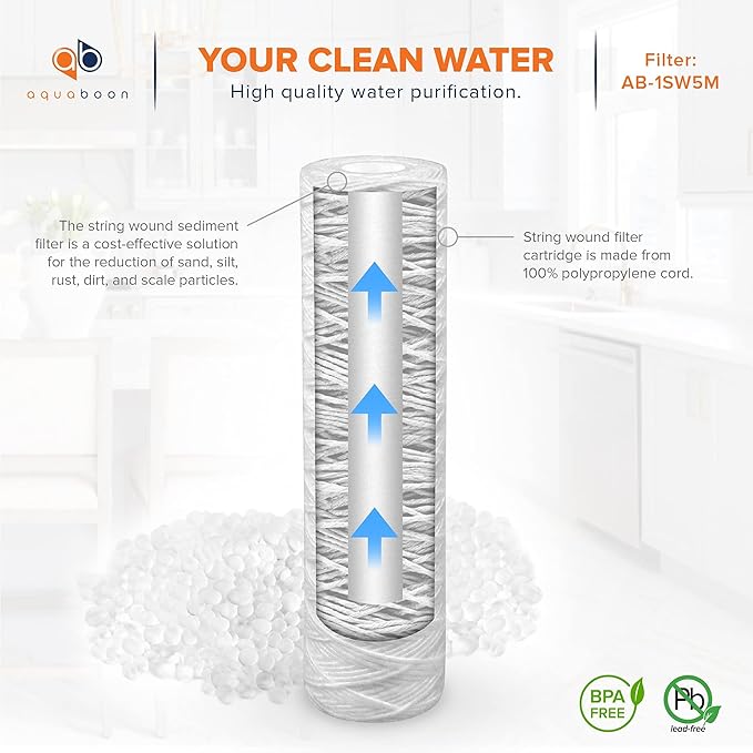 Aquaboon Whole House 5 Micron 10 x 2.5 String Wound Sediment Water Filter Cartridge Replacement Compatible with Well Water Filter WHKF-WHSW, 4-Pack