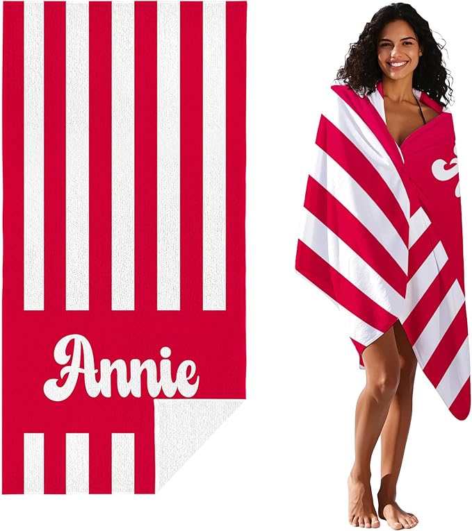 JML Personalized Beach Towel with Name, Custom Cabana Stripe Beach Towel, Customized Microfiber Pool Towel, Quick Dry & Absorbent Swim Towel for Adult,Mother's Day, Birthday, Summer Holiday,Vacation-FlexoryFit