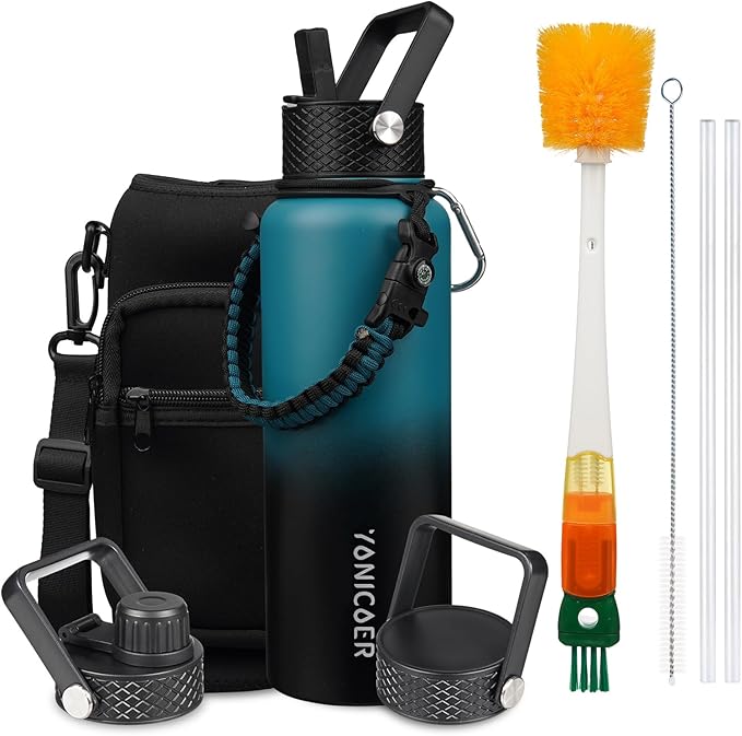 Insulated Water Bottle 64oz,Triple Wall Vacuum Stainless Steel(Dishwasher Safe),Leak Proof & Non-BPA,Flask Jug with Paracord Handle & Straw Spout Lids Sports-FlexoryFit