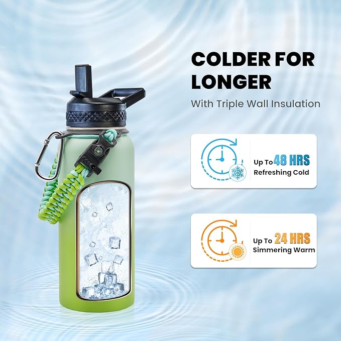 Insulated Water Bottle 32 oz, Triple Wall Vacuum Stainless Steel (Cold for 48 Hrs), Leak Proof & Non-BPA, Modern Water Flask Jug with Paracord Handle & Straw Spout Lids, Ombre Green-FlexoryFit