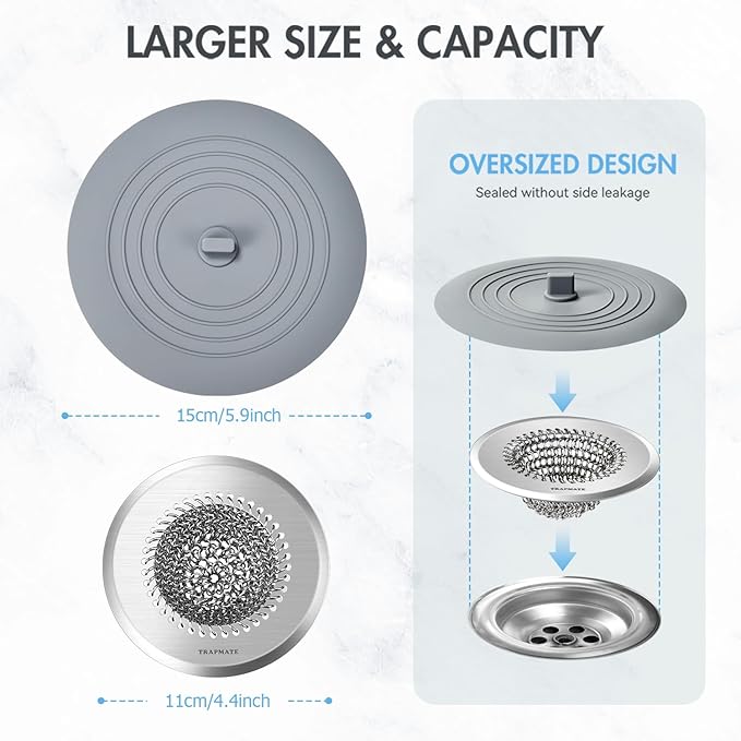 TRAPMATE Sink Drain Strainer, Easy Clean Kitchen Sink Strainer with Stopper, 304 Stainless Steel Sink Strainer Basket, Revolutionary Drain Stopper Kitchen Sink, Garbage Disposal Strainer for US Drain