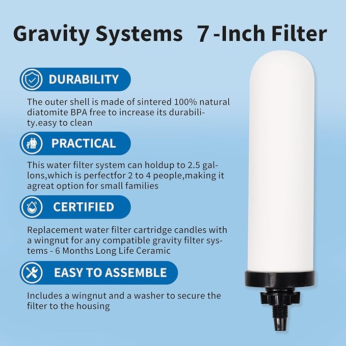 4 PACK 7" Gravity Drinking Water Ceramic Replacement Candle Element Filter with Activated Carbon, 7-Inch Gravity Water Replacement Filter for Basic Gravity Water Filter