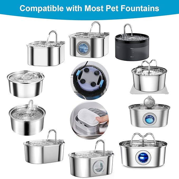 Cat Water Fountain Filters for 108/3.2L& 67oz/2L Stainless Steel Cat Fountain-Pet Water Dispenser, Replacement Filters for Pet Drinking Fountain(8 Filters&8 Sponges)