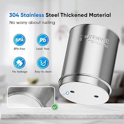 Purewell 2.25G Gravity Water Filter System with Water Level Window, 8-Stage Stainless Steel Countertop System with 4 Filters and Stand, Reduce Fluoride and Chlorine, PW-KST-CF