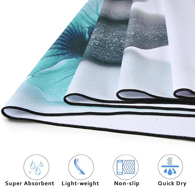 QiyI Yoga Towel with Travel Bag, Microfiber Mat-Sized Hot Yoga Towels, Non Slip Blanket with Corner Pockets, Quick Dry Mat Towel for Bikram, Pilates, Fitness - 70"x26", Pebbles & Blue White Flowers-FlexoryFit