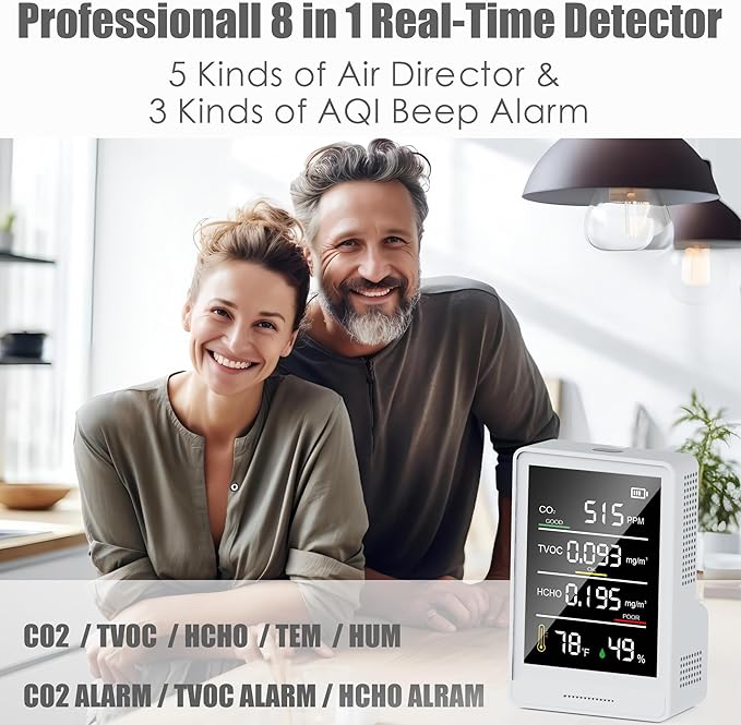 Professional Indoor Air Quality Monitor with AQI Beep Alarms, 8 in 1 Portable Real-Time Detector for CO2 | TVOC | HCHO | Temperature | Humidity for Home Cars Plants and Pets (Pearl White)