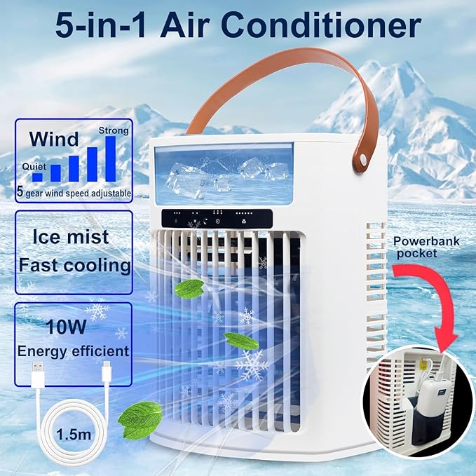 Portable Air Conditioner, Air Cooler, 1000ml Cold Fan Air Conditioner, 5 Air Speeds and 7 LED Lights, 2 Ice Packs, 3 Cold Mist and 2/4/6 Timer, USB Cold Fan for Home, Office and Outdoors.