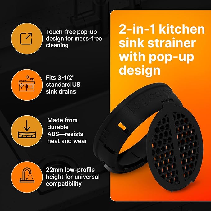 SplashNColor Pop Up Drain Strainer - 2-in-1 Durable Kitchen Accessory - Anti-Clogging Sink Drain Strainer Basket with Touch-Free Disposal for 3-1/2 Inch US Standard Drain - ABS - 22mm Height (Black)