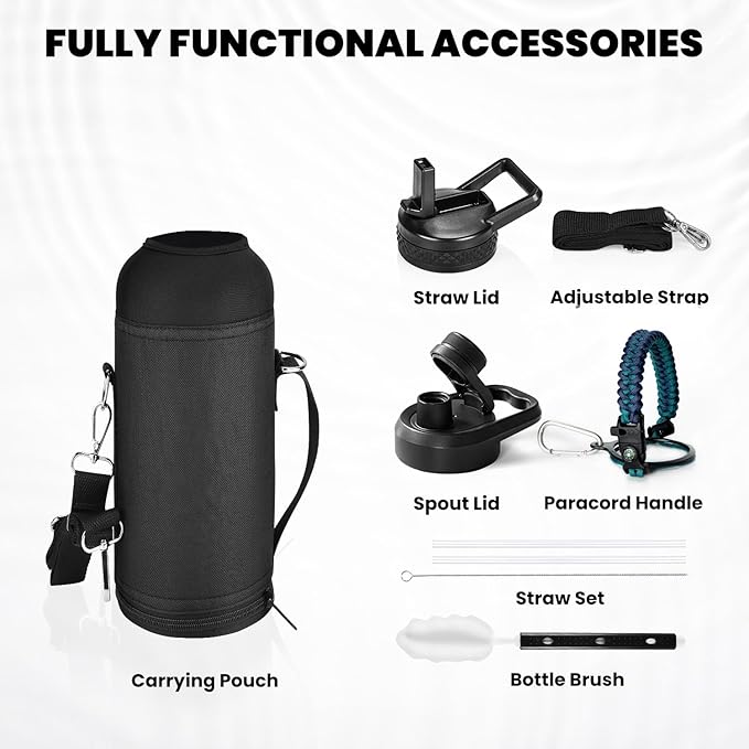 Insulated Water Bottle 40 oz, Triple Wall Vacuum Stainless Steel (Cold for 48 Hrs), Leak Proof & Non-BPA, Modern Water Flask Jug with Paracord Handle & Straw Spout Lids, Cyan Blue-FlexoryFit