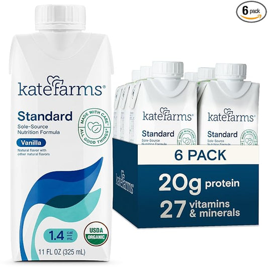 KATE FARMS Organic 1.4 High Calorie Nutrition Shake, Vanilla, 20g Protein, 27 Vitamins and Minerals, Meal Replacement, 11 oz (6 Pack)-FlexoryFit