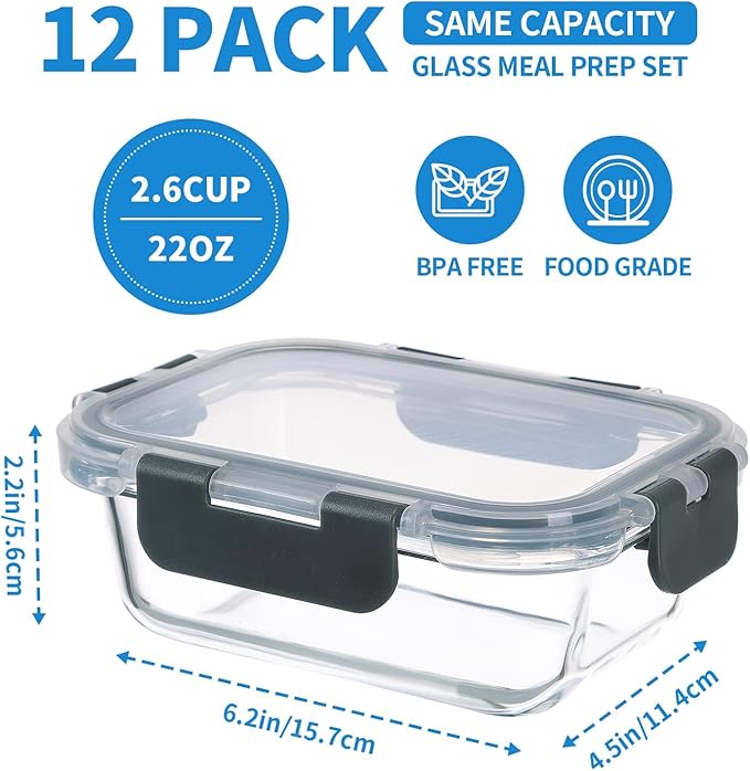 12 Pack 22oz Glass Meal Prep Containers, Food Storage Containers with Lids, Air-Tight, Leak-Resistant, Freezer to Microwave Safe - Grey Set-FlexoryFit