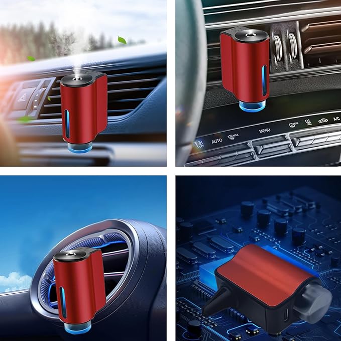 Car Air Freshener Diffuser, Smart Aromatherapy Air Outlet Clip, Long-Lasting Atomizer, Rechargeable With 6pcs Aromatherapy Oil, Red (6 Scents)