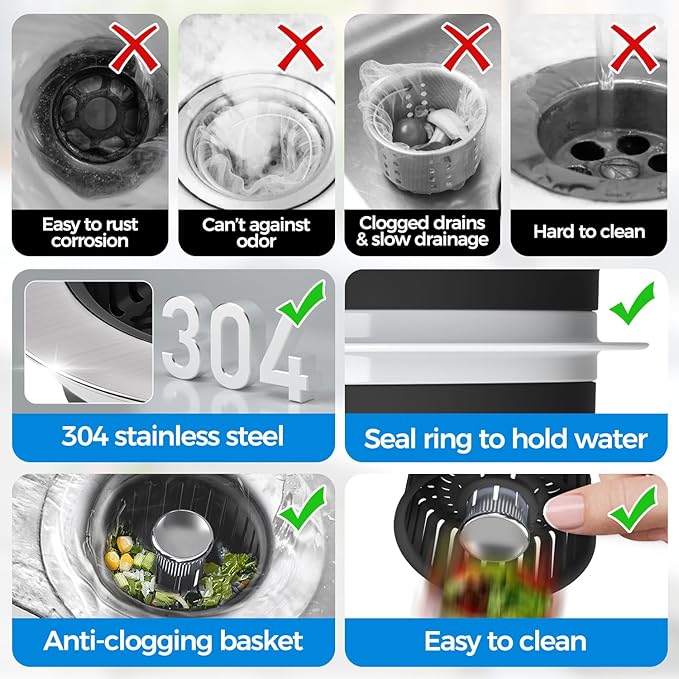Upgraded 3in1 Kitchen Sink Drain Strainer and Sink Stopper, Stainless Steel Kitchen Drain Plug & Cover with Anti-Clogging Basket Strainer, Fit US Standard 3-1/2'' Sink Drain Hole, Brushed Black