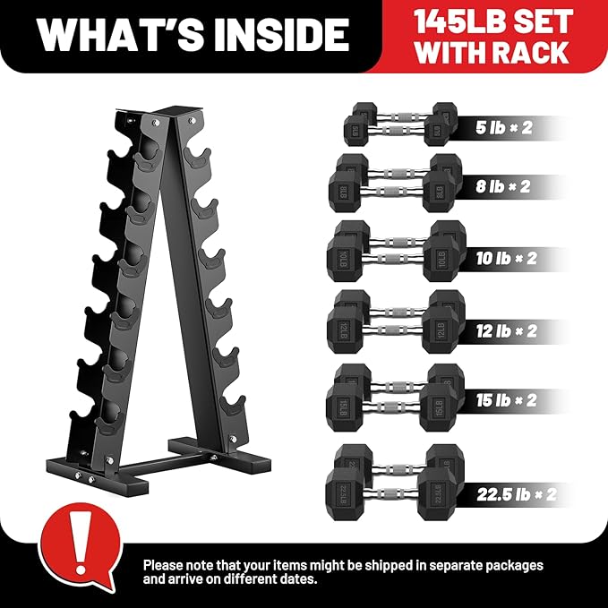 PAPABABE Hex Dumbbell Sets with Rack, 60-550lb Rubber Coated Dumbbell Weight Set and Storage Rack, Multiple Options Hand Weights for Strength Training-FlexoryFit