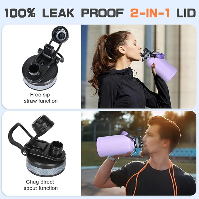 Insulated Water Bottle 64 oz, Half Gallon Water Jug Cold 48H, BPA Free Stainless Steel Bottles with Straw/Chug 2-in-1 Lid, Bag, Paracord Handle, Silicone Boot, Sports Gym School Metal Flask-FlexoryFit