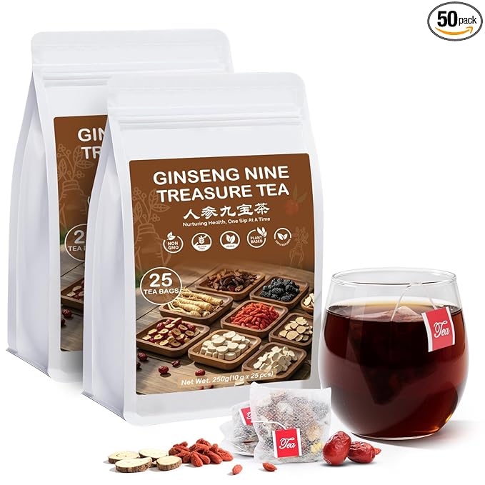 Kidney Tea Formula Ginseng Nine Treasure Tea, Natural Kidney Cleanse Detox & Repair Ginseng & Mulberry Herbal Teabags for Men & Women, 9 Precious Ingredients Formula (2 Pack/50 Bags)-FlexoryFit