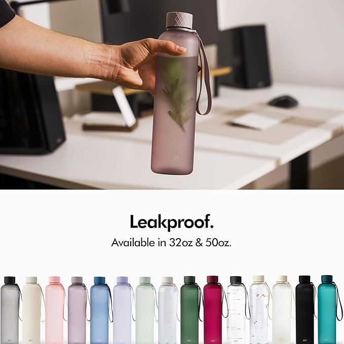 KIVY Slim Water Bottle 32oz [Lightweight & Shatterproof] Fits Backpack & Cupholder for Travel, Sports, School, Gym - Clear water bottle with measurements - Transparent Tritan Black - Dishwasher Safe-FlexoryFit