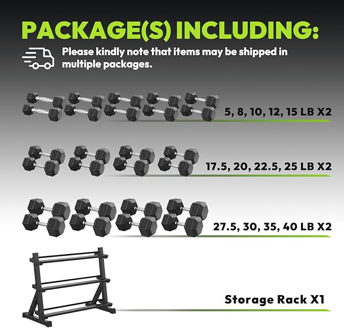 Hex Dumbbell Sets with Rack, 290-670 lb Rubber Encased Exercise & Fitness Dumbbells Set, Hand Weight for Strength Training, Weight Dumbbells-FlexoryFit