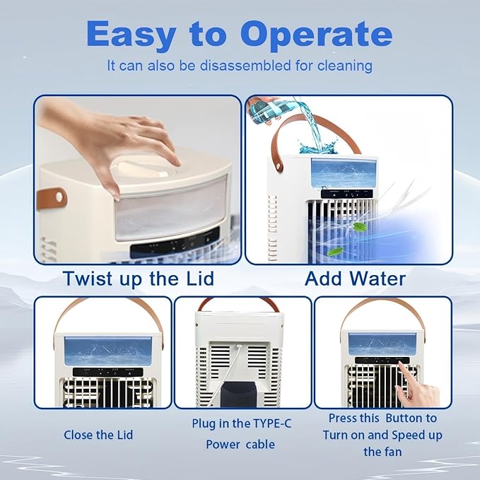 Portable Air Conditioner, Air Cooler, 1000ml Cold Fan Air Conditioner, 5 Air Speeds and 7 LED Lights, 2 Ice Packs, 3 Cold Mist and 2/4/6 Timer, USB Cold Fan for Home, Office and Outdoors.