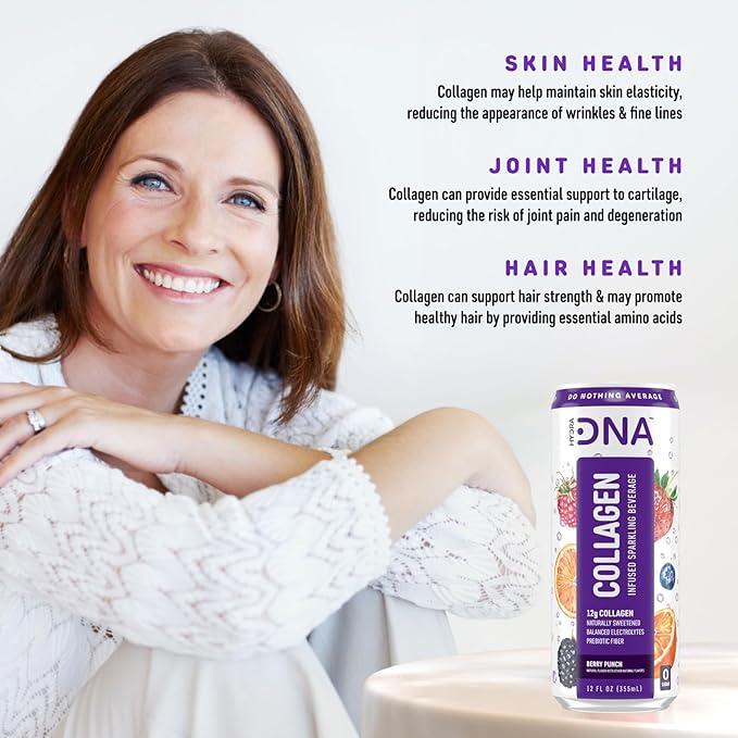 HYDRADNA- Sparkling Liquid Collagen Protein Water Drink Balanced Nutrients for Wellness - Sugar-Free - Keto-Friendly - No Gluten (12 Pack) Berry Punch-FlexoryFit