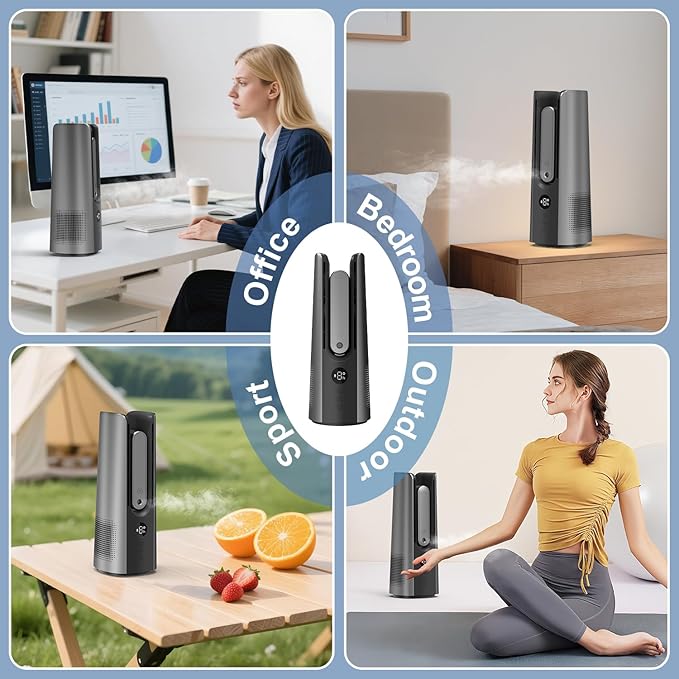 Desk Fan, Small Quiet Table Fan with Humidifier, 14 Inch Portable Bladeless Fan with 9 Speed Adjustment, 2 Modes, 5000mAh Battery, 60° Oscillating Mini Fan for Bedroom Office Living Room Dorm