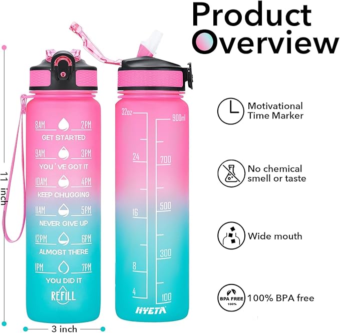 Hyeta 32 oz Water Bottles with Times to Drink and Straw, Motivational Water Bottle with Time Marker, Leakproof, Drinking Sports Water Bottle for Fitness, Gym and Outdoor-FlexoryFit