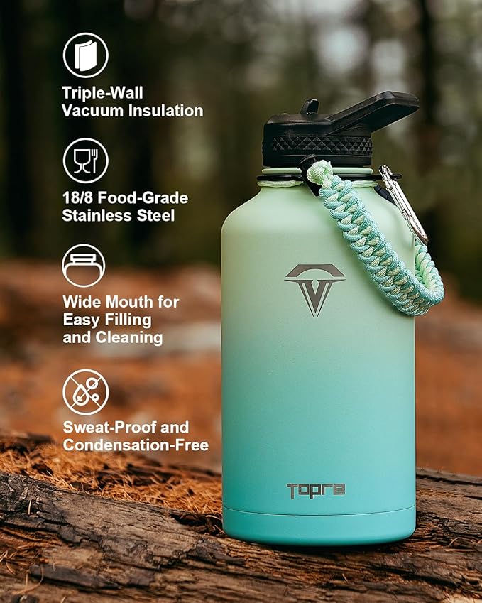Insulated Water Bottle 64oz,Half Gallon Water Flask Stainless Steel Vacuum, Cold for 48 Hrs,BPA-Free & Leakproof -with Paracord Handle, Strap,Straw Spout Lids,Large Jug for Gym Sports,Green-FlexoryFit