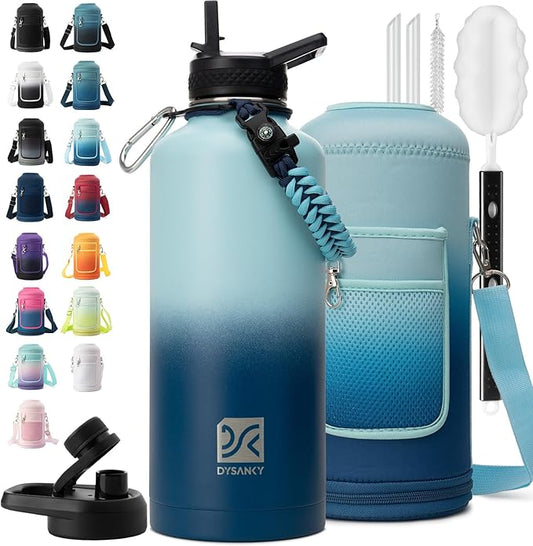 Insulated Water Bottle | Thickened Stainless Steel for Gym and Hiking with Straw, Carrier Bag, Handle Strap | BPA-Free 87 oz-FlexoryFit