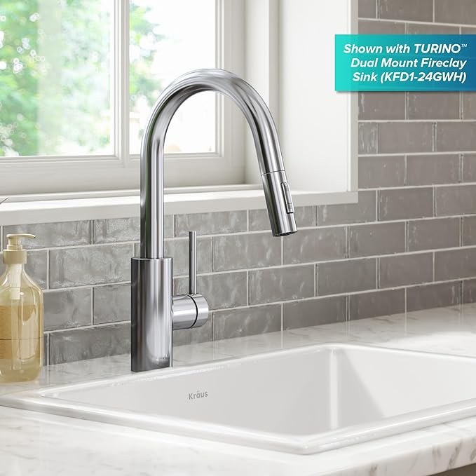 KRAUS Oletto Single Handle Pull Down Kitchen Faucet with QuickDock Top Mount Installation Assembly in Chrome, KPF-2620CH