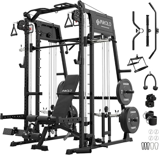 Mikolo Smith Machine, 2200lbs Squat Rack with LAT-Pull Down System & Cable Crossover Machine, Training Equipment with Leg Hold-Down Attachment-FlexoryFit