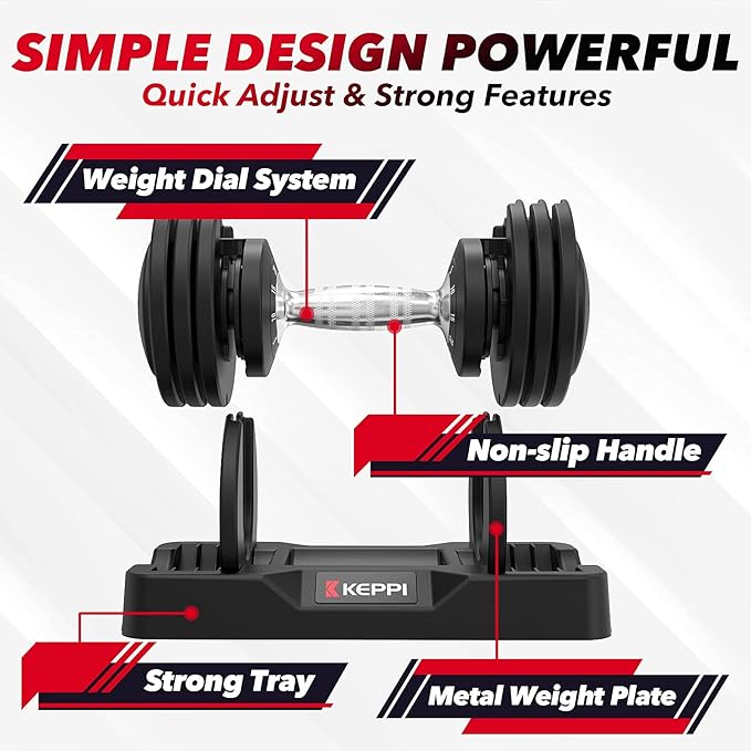 Keppi Adjustable Dumbbells Set-25lb/40lb/55lb/60lb, Anti-Slip Metal Fast Adjust Weight Handle, Exercise & Fitness for Full Body Workout - Adjustable Dumbbell Series-FlexoryFit