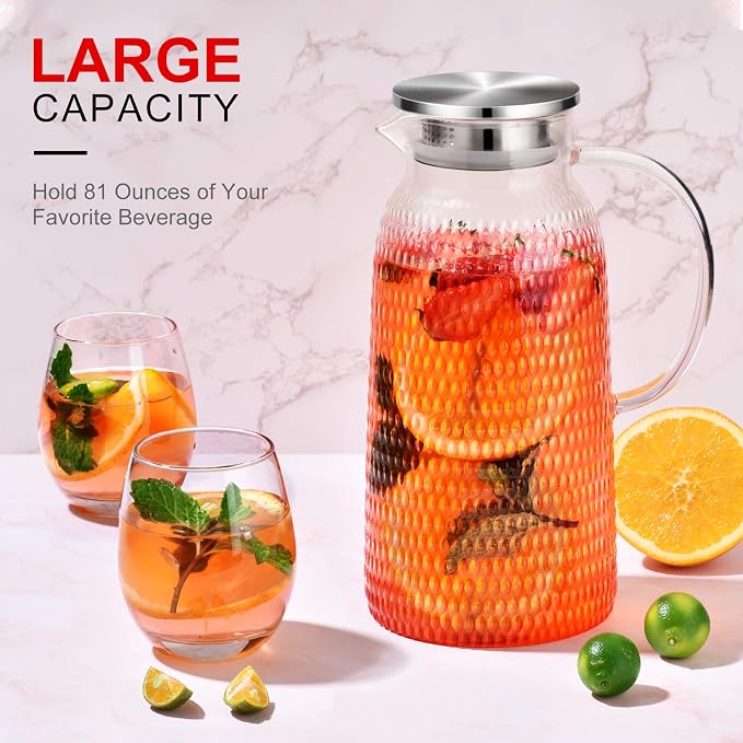 Aofmee 80oz Glass Pitcher with Lid, 2.4 Liter Water Pitcher, Glass Carafe - Image 2