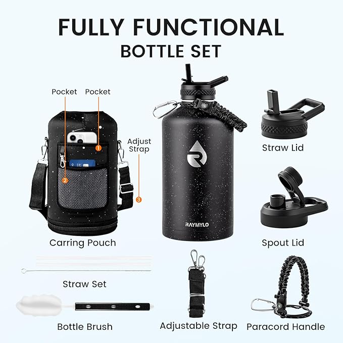 128oz Insulated Water Bottle, Triple Wall Vacuum Stainless Steel Water Bottles - Keeps Cold 48H, Reusable One Gallon Flask Jug for Gym, Sports, Camping, Hiking,Travel, Black Speckled-FlexoryFit