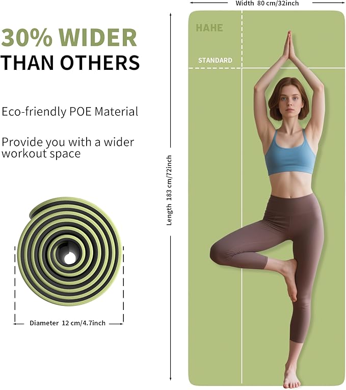 HAHE Non Slip Yoga Mat Wide, (72"L X 32"W, 0.24" Thick) Large Fitness Exercise Mat with Carrying Strap, Eco-Friendly POE Yoga Mats for Home, Gym, Pilates, Stretching-FlexoryFit