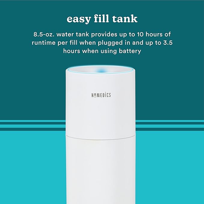 Homedics Portable Humidifier - Small Air Humidifiers for Bedroom, Plants, Office, Travel - Cool Mist Humidifiers, Color-Changing Accent Light, 2 Mist Settings, White