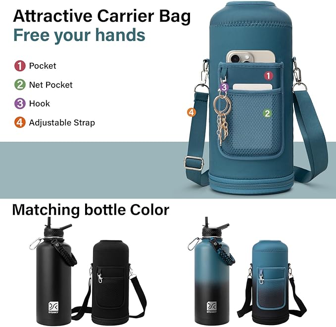 Insulated Water Bottle | Thickened Stainless Steel for Gym and Hiking with Straw, Carrier Bag, Handle Strap | BPA-Free 87 oz-FlexoryFit