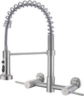 Wall Mount Kitchen Faucet, 8 Inch Center Wall Mount Kitchen Sink Faucet with Pull Down Sprayer Commercial, Brushed Nickel