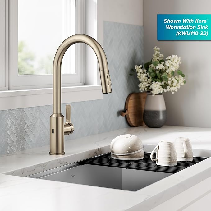 KRAUS Oletto Touchless Sensor Pull-Down Single Handle Kitchen Faucet in Spot-Free Antique Champagne Bronze, KSF-2830SFACB