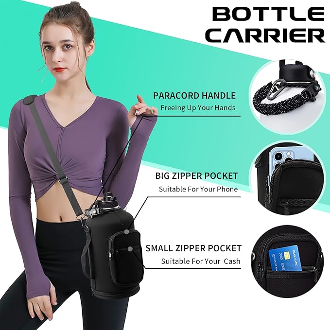 128 OZ Insulated Water-Bottles with Strap - 1 Gallon Water Jug with Straw & Spout Lid, Stainless Steel Large Water Bottle Leak Proof, Cold-48h Hot-24h Metal Water Flask w/Paracord Handle, Carrier Bag-FlexoryFit