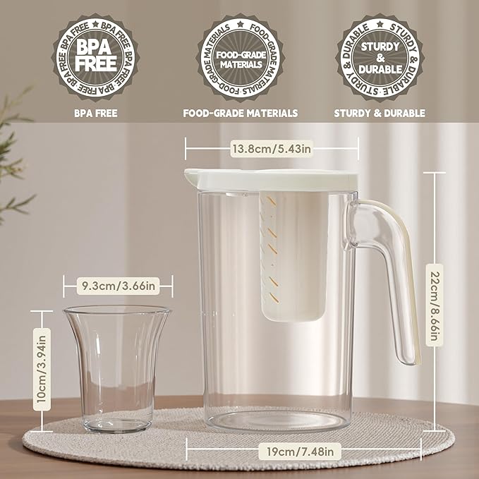 Plastic Pitcher With Lid and 4 Cups, 62oz, Clear Water Pitcher with Lid, Fridge Jug, BPA Free, Great for Iced Tea, Sangria, Lemonade, Juice, Milk, and More
