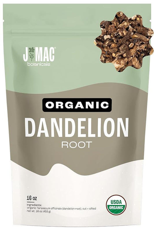 J Mac Botanicals Organic Dandelion Root (16 oz) unroasted, herb for tea and other infusions, Packaged in the USA, Certified USDA Organic-FlexoryFit