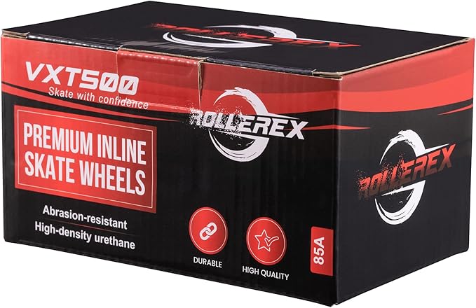 Rollerex VXT500 Inline Skate Wheels (8 Wheels w/Bearings, spacers and washers) (Various Size & Color Options Available) - for Indoor, Outdoor, Hockey - Intended for Roller Blade Wheel Replacement-FlexoryFit