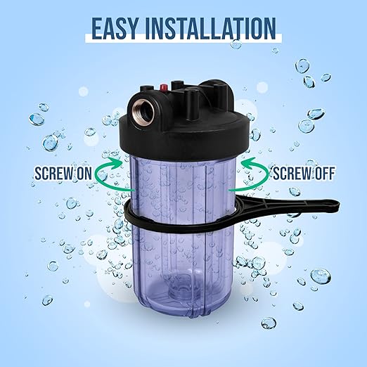 High Capacity 10 x 4.5” Transparent Whole House Water Filter Purifier System with Presser Relief Button 1” Inlet/Outlet Bass Port & Yearly Supply (3) Granular Coconut Shell Activated Carbon Cartridges