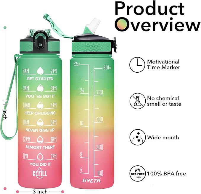 Hyeta 32 oz Water Bottles with Times to Drink and Straw, Motivational Water Bottle with Time Marker, Leakproof, Drinking Sports Water Bottle for Fitness, Gym and Outdoor-FlexoryFit