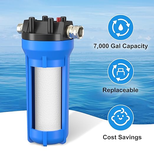 4-Layer RV Water Filter with Stand and 7,000 Gallons Capacity, 3/4" GHT Metal Threads Inline Water Filter, Removes Sediments, Chlorine, VOCs, Heavy Metals, Bad Taste, Odor, and More