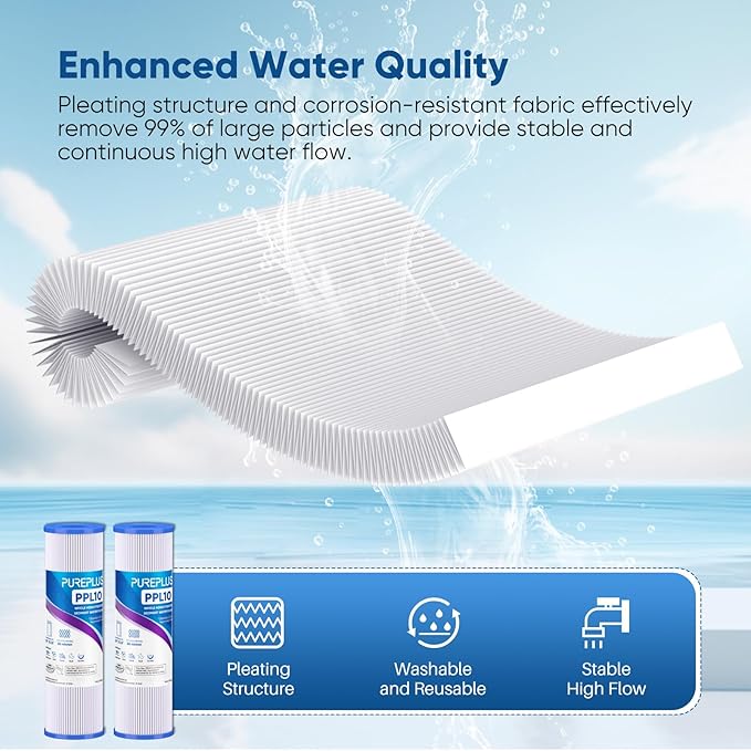PUREPLUS 20 Micron 10"x2.5" Whole House Pleated Sediment Filter for Well Water, Replacement Cartridge for Universal 10 inch RO System, W50PE, WFPFC3002, SPC-25-1050, FM-50-975, 801-50, WB-50W, 6Pack