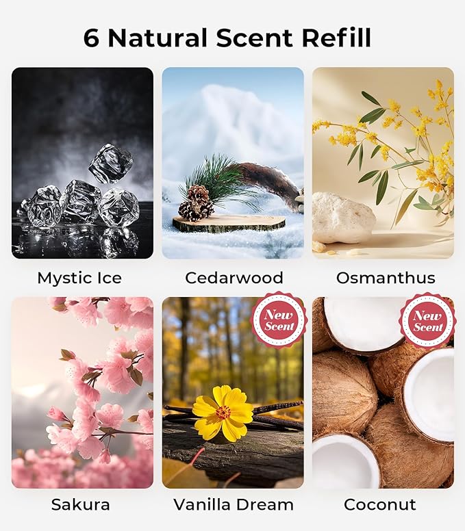 Smart Car Air Fresheners, Ambient Light & Mist Fragrance, Auto On/Off Car Air Freshener Diffuser, Adjustable Intensity, Lasts 6 Months, Built-in Battery, Premium Scents Refill X2 - Vanilla