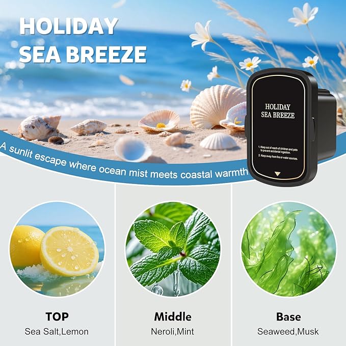Smart Car Air Freshener, Car Diffuser for Essential Oil with Ambient Lights, Auto On/Off Car Air Freshener Diffuser, Adjustable Intensity, Ultrasonic Atomizer Premium Car Scents-Holiday Sea Breeze